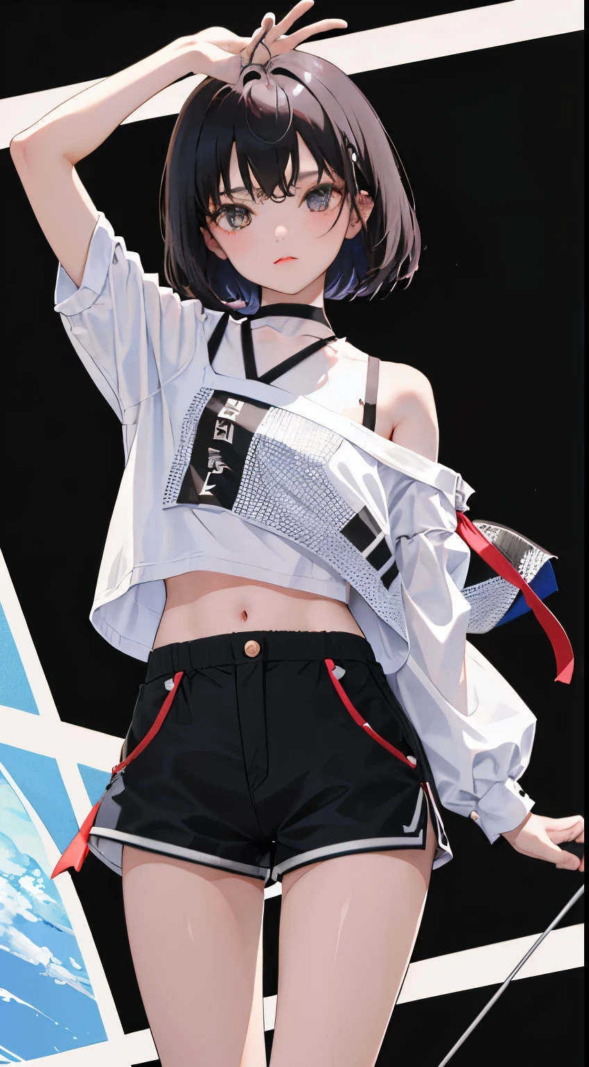 (short cute girl, young studeg delicate girl),(masterpiece,Top quality),Crop Top Look,No sleeve,(Gingham check shorts),Black Hair,toy world