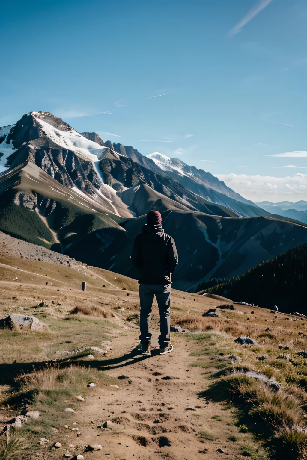 person stands on a mountain