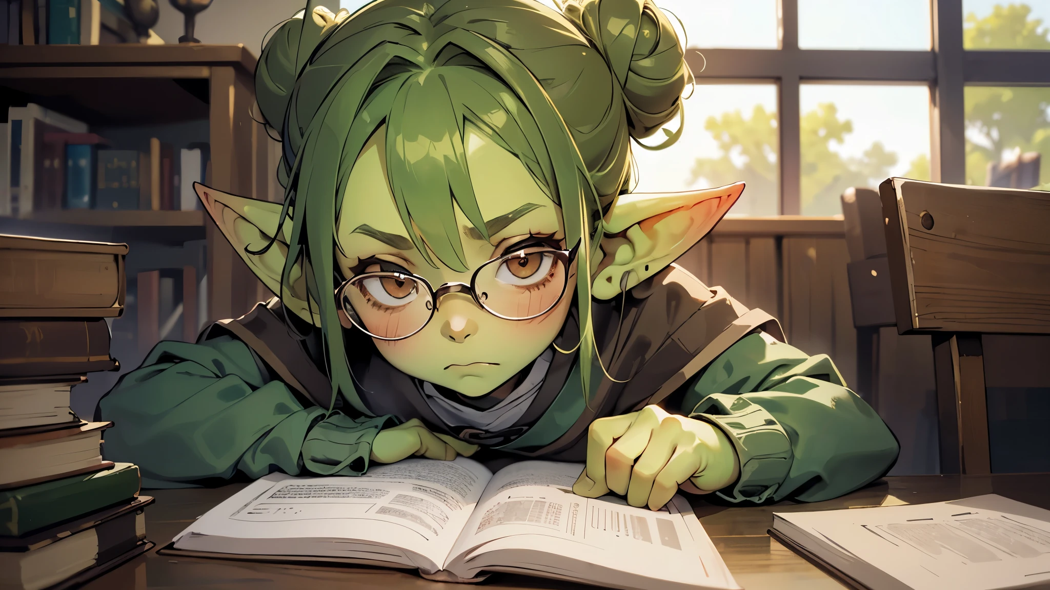 best god quality, Ultra-detailed, perfect Anatomy, ( draw a little goblin girl with green skin, with an embarrassed expression and a shy expression, 1 girl, is a shy goblin student, dressed in highschool girl outfit, brown eyes, the goblin is wearing glasses, she is holding books, hair is tied up in a bun, (((SOLO))), a magical academy in the background, Best lighting by professional AI, an academy, looking at viewer, (((One girl in middle)))