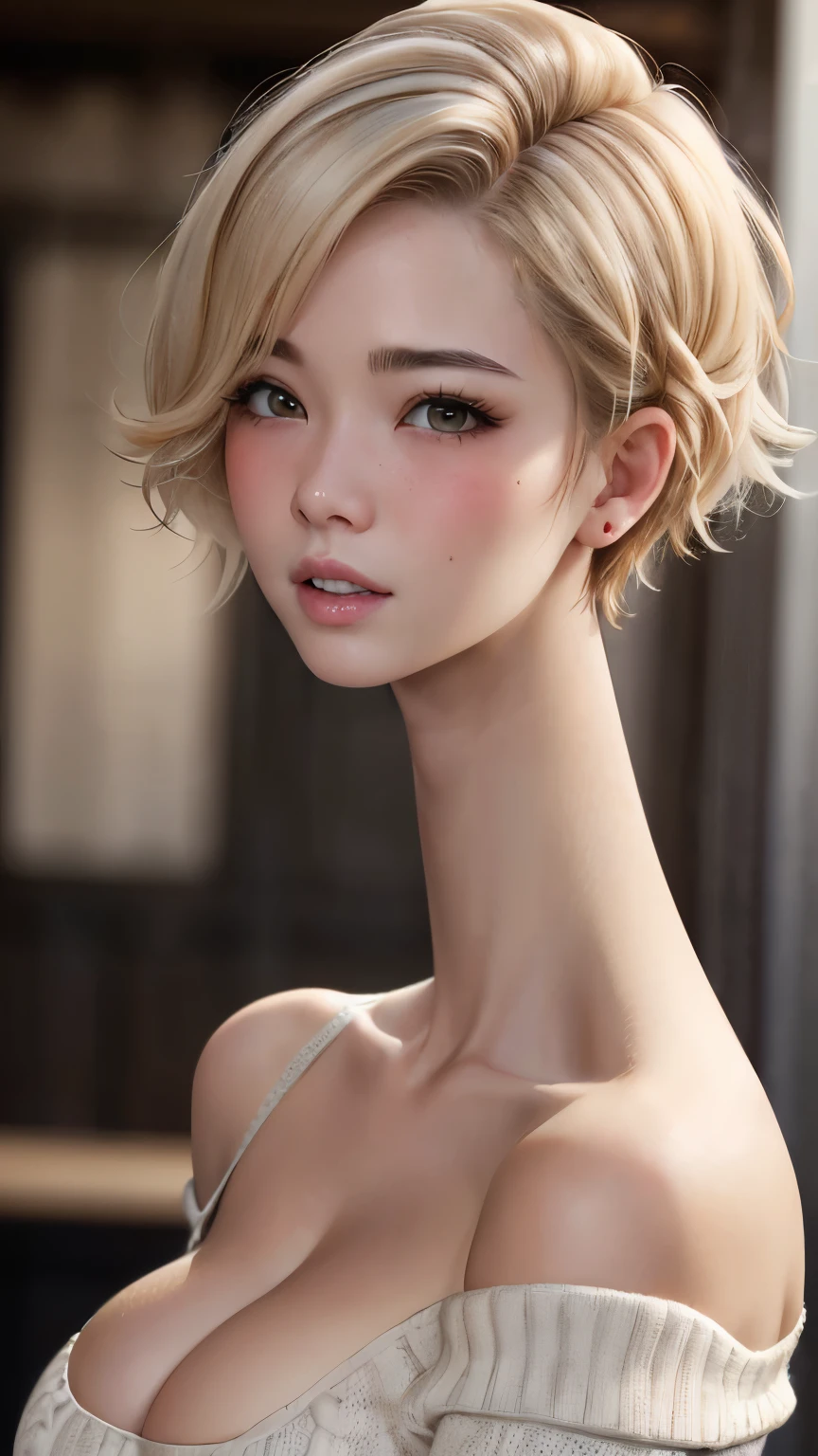 (ultra realistic, highly detailed:1.4), best quality, medium shot, masterpiece
girl, tall asian woman, gray off-the-shoulder sweater, short messy blonde hair, (sfw massive breasts, cleavage), (longneck:1.45), tall, (blushing, aroused expression)