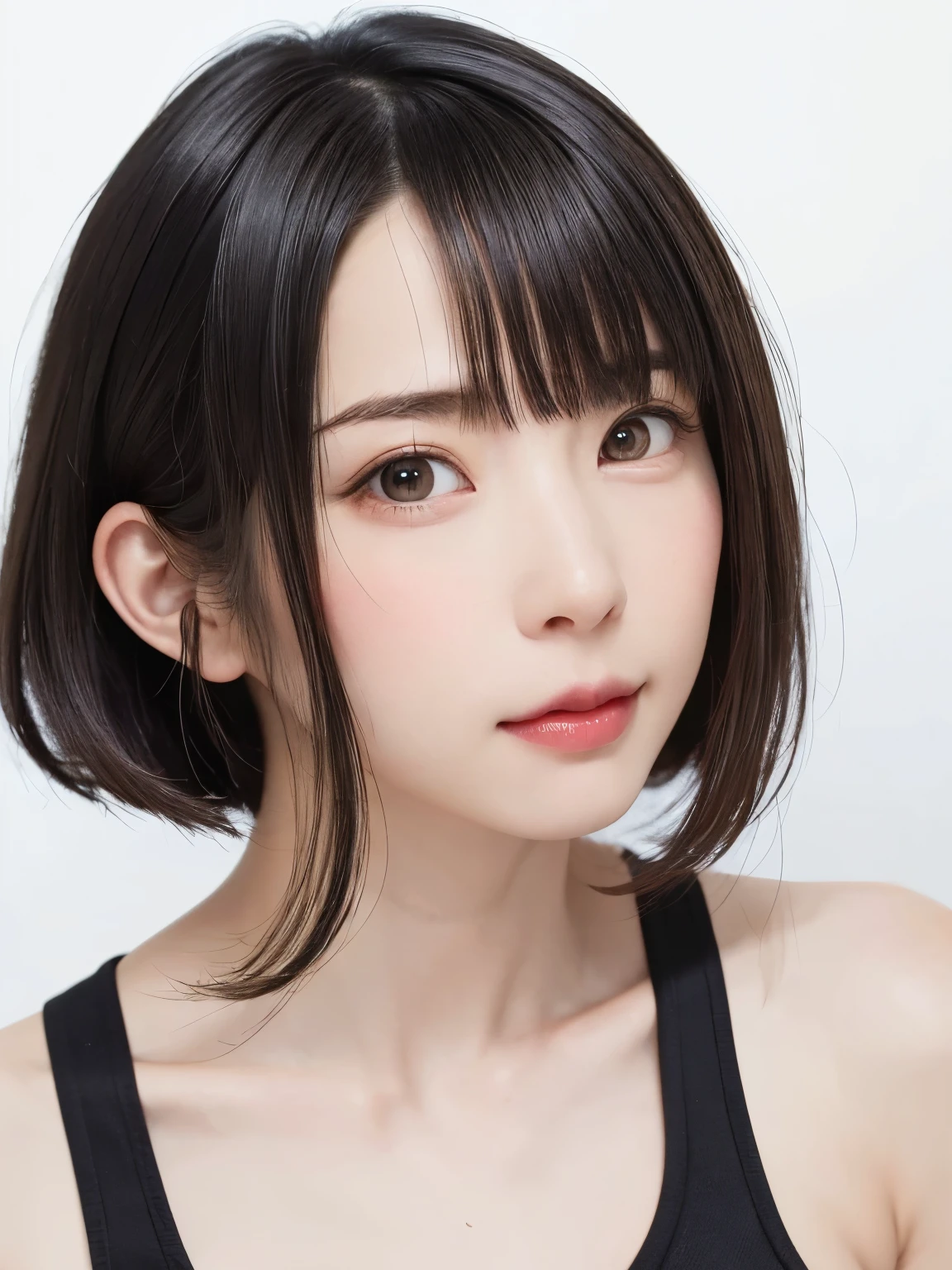 ((masterpiece、1 beautiful girl、Detailed eyes、前髪のあるshort hair、Long neck、Please lend me your ear))、Big eyes、Transparent double eyelids、((highest quality, 超High resolution、Looking into the camera)), (reality: 1.4), Original photo, 1 girl,Cinema Lighting、Japanese、Asian Beauty、Korean、so beautiful、Beautiful Skin、(((Very large breasts、thin、Body facing forward)))、(Surreal)、(High resolution)、(8K quality)、(Very detailed)、(Best illustrations)、(beautiful Detailed eyess)、(Very detailed)、Detailed face、View your viewers、Look straight ahead、neat and clean clothes、Sleeveless、short hair、i have black、46 point diagonal bangs、The background is a pure white background、Clean atmosphere、