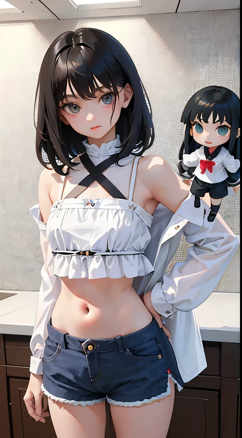 (short cute girl,small young student,young delicate girl),(masterpiece,Top quality),Crop Top Look,No sleeve,(Gingham check shorts),Black Hair,toy world