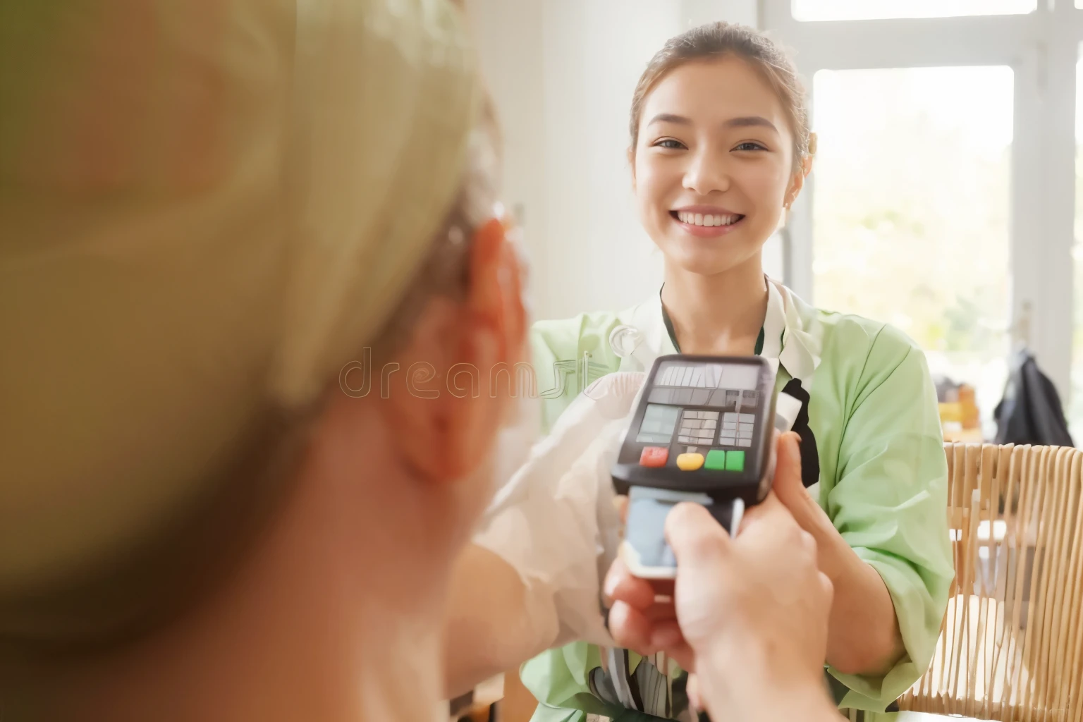 The pastry chef with green clothes, Japanese features, smiling while making payment with a credit card, with delicious sweets around the table, removing watermark,
