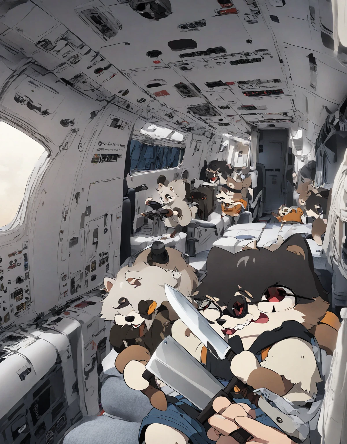 White Tanuki Raccoon Dog holding Big Knife on Room inside Airplane, Style of Hellper 