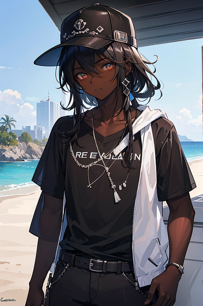 (19 year old dark skinned boy, de cabello negro corto,de cuerpo delgado ,con gorra)