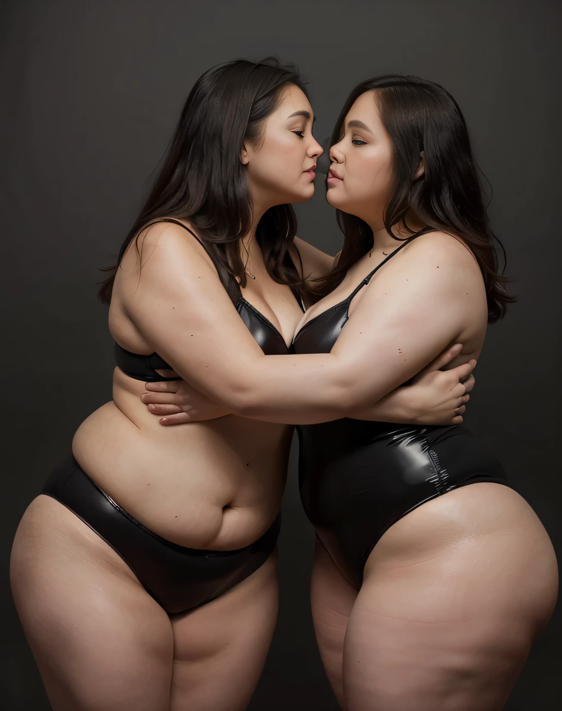 (full body shot) of two (chubby women:1.35), (wide hips:1.3), (thick legs:1.35), (dark skin:1.5), (hugging closely:1.3) and kissing each other in black latex swimsuit, bare legs, whole body visible