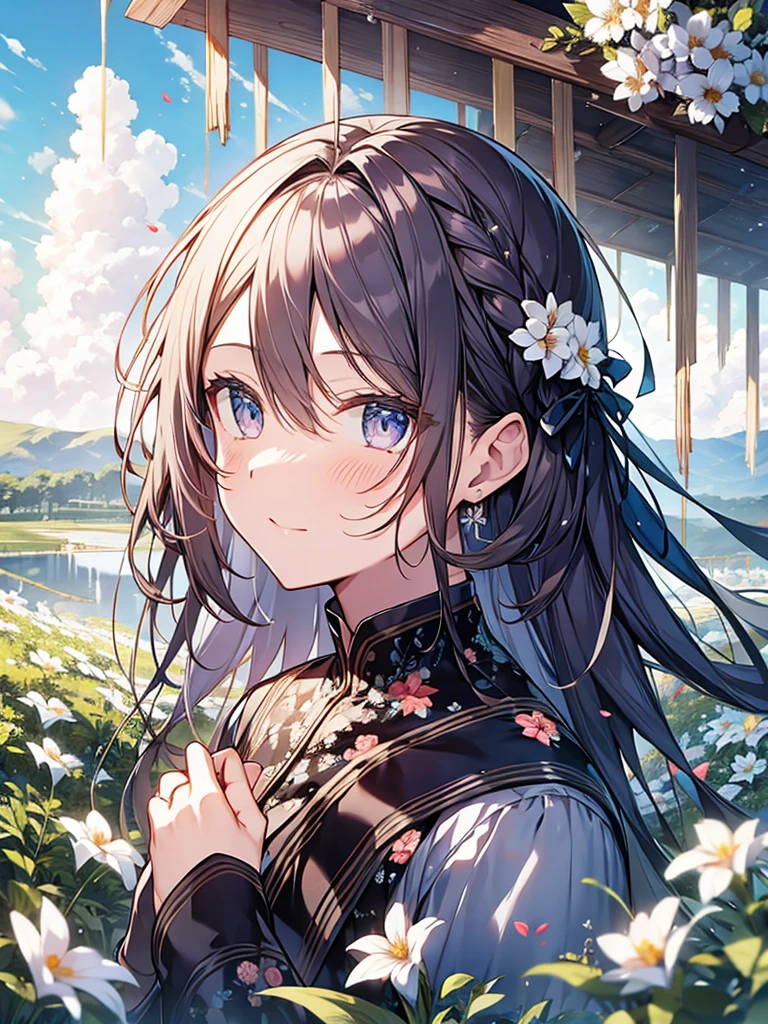 masutepiece, Best Quality,Illustration, Wallpaper, Ultra Detail, Absurd beauty、1 beautiful girl、 (Semi-long hair、short braided hair), Beautiful ultra-detailed eyes , Hair fluttering in the wind、Keep your head small、flower field、great outdoors、Landscape of the flower garden