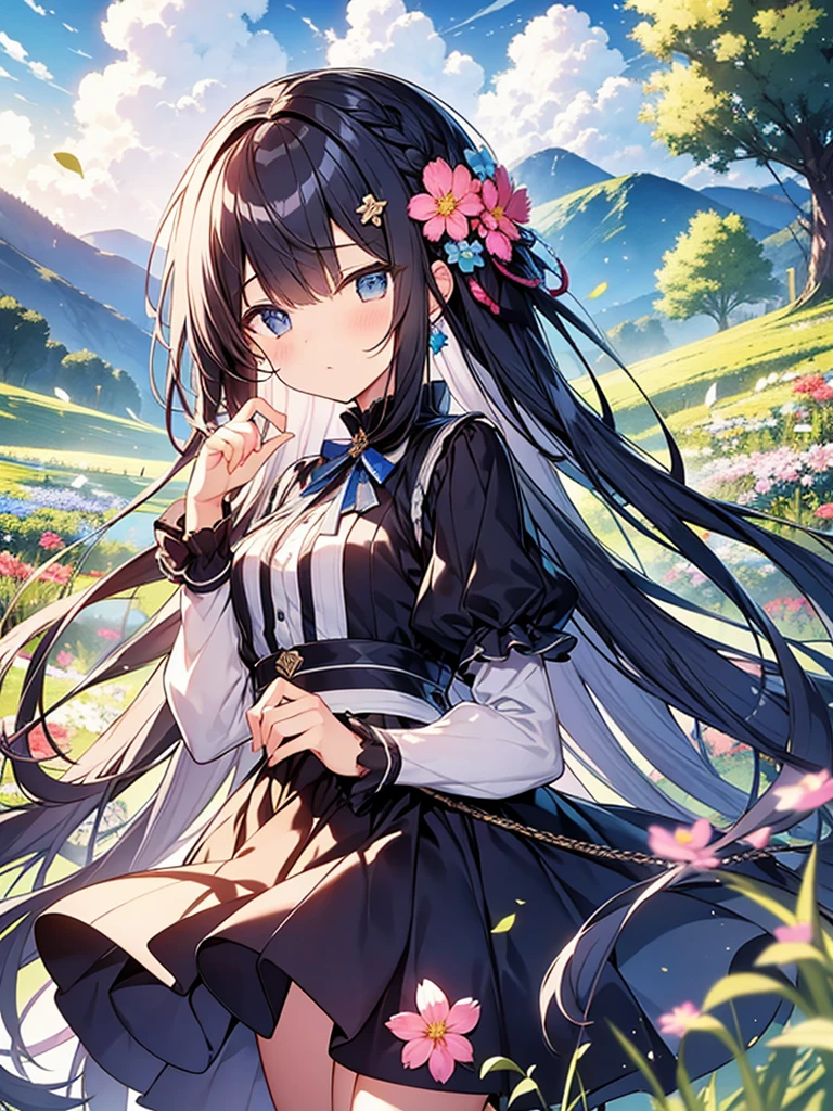 masutepiece, Best Quality,Illustration, Wallpaper, Ultra Detail, Absurd beauty、1 beautiful girl、 (Semi-long hair、short braided hair), Beautiful ultra-detailed eyes , Hair fluttering in the wind、Keep your head small、flower  field、great outdoors、Landscape of the flower garden