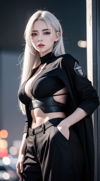 Anime Style，White skin，White colored hair，look up，The biggest，Famous，Color gas representation，Alluring large ，woman，High Frequency Details(((sharpen))), ((Sharp focus:1.2)), Purelos Face_V1:0.7), (8K, highest quality), Very large chest light))), Beautiful illuminations, Highly detailed face, Well designed hands, Highly designed legs, Well drawn feet, Exposing the breastsrpiece:1,2), highest quality, Masterpiece, High resolution, original, Highly detailed wallpaper， ロッカーの前にスーツとネクタイを着たwomanが立っている, black suit pants, baggy Black trousers, Black trousers, Costume: police officer, black soggy pants, Black trousers, JK Uniform, big pants, matte Black trousers, put your hands in your pockets, trending on r/High Tech Wear Clothing, big)}], Baggy pants