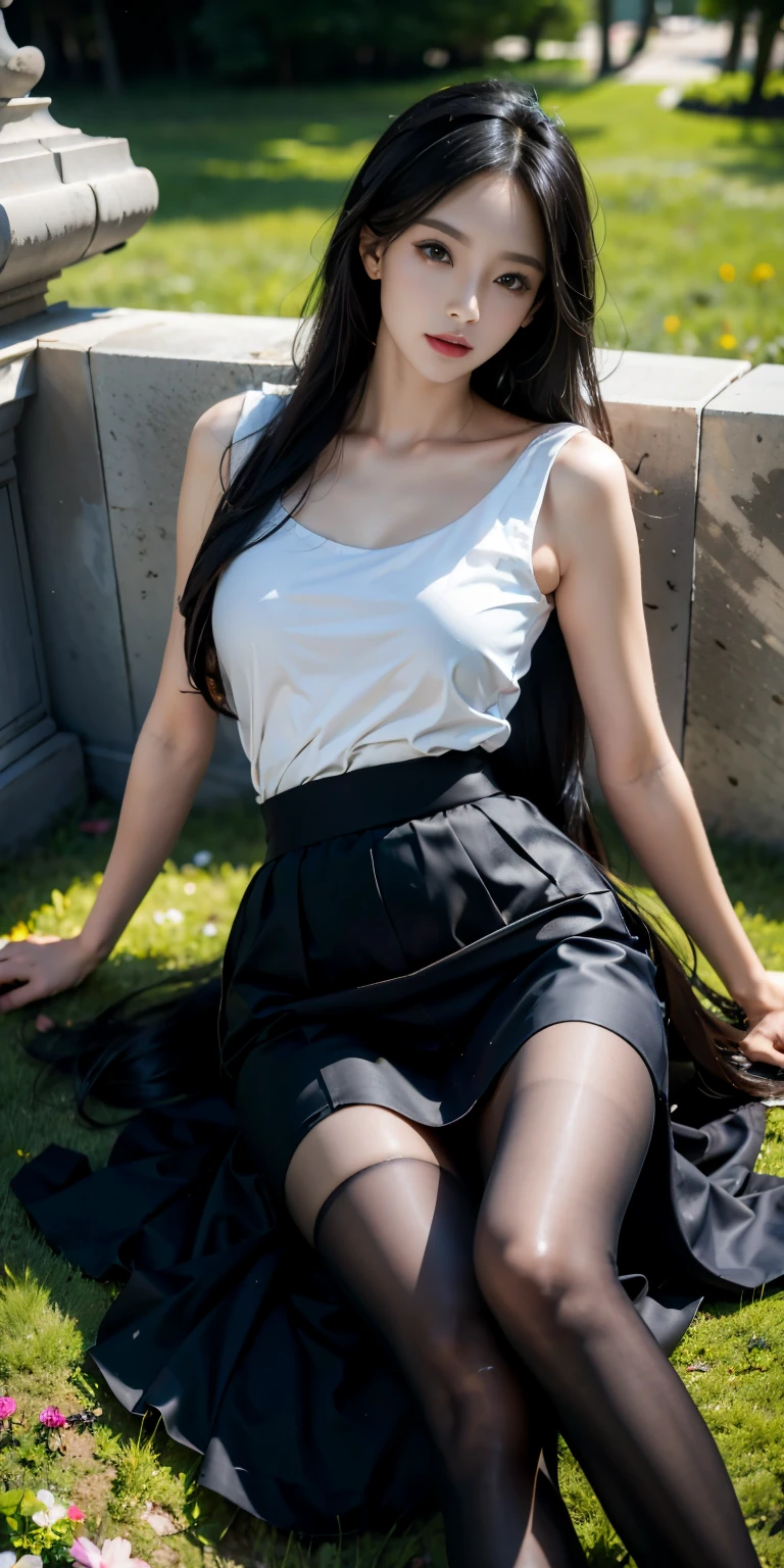 Reality, high resolution, Soft Light,1 woman, Solitary, Hips up, 查look查look器, (Delicate face), Long hair, lying on the grass, 从下往上look, exhibit, look, secretary_, Black skirt, Pantyhose, Tattoo, jewelry