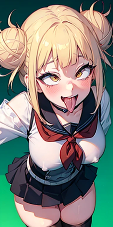 toga himiko, boku no hero academia, 1girl, bangs, black sailor collar, black thighhighs, blonde hair, blue sailor collar, blunt bangs, blush,, brown cardigan, cowboy shot, double bun, grin, hair , yellow eyes , long sleeves, messy hair, narrowed eyes, smile, big breasts. 8K, ultra detailed, beautiful and aesthetic, High quality, beautiful, masterpiece, best quality, standing, leaning forward, shiny skin, tongue out of mouth, blush, sexy body, defined body, perfect eyes, tongue out, blush, crossed eyes, (((close up face)))