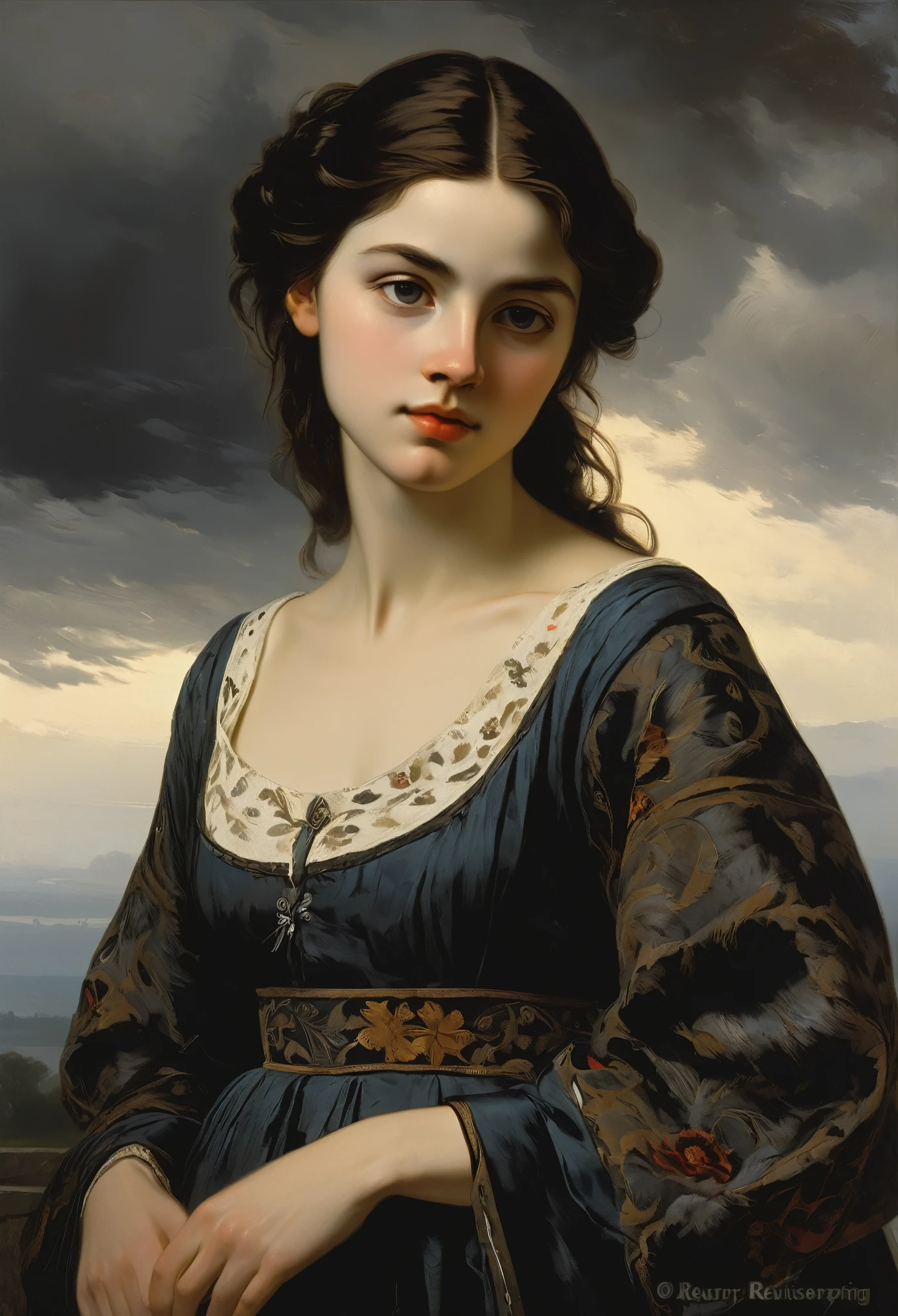 charming young cute brunette, a slight mysterious smile from the shoulder, Averts his eyes, elbow, a dress with embroidered patterns, dark clouds, 15 century,(Adolf Piot style)), The dark Renaissance, (fog, very scuffing), ((palette/oil painting palette knife)), ((masterpiece)), single shot, impression:1.2, extreme detail, perspective:1.33, 8k