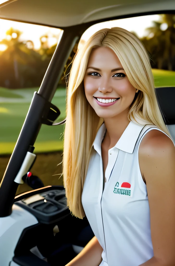 blonde haired woman with straight hair sitting in a golf cart smiling at the camera shot on kodak wearing business casual attire. Smiling with teeth on a golf course at sunset, taken from 10ft away, slight smile, happy, miami florida