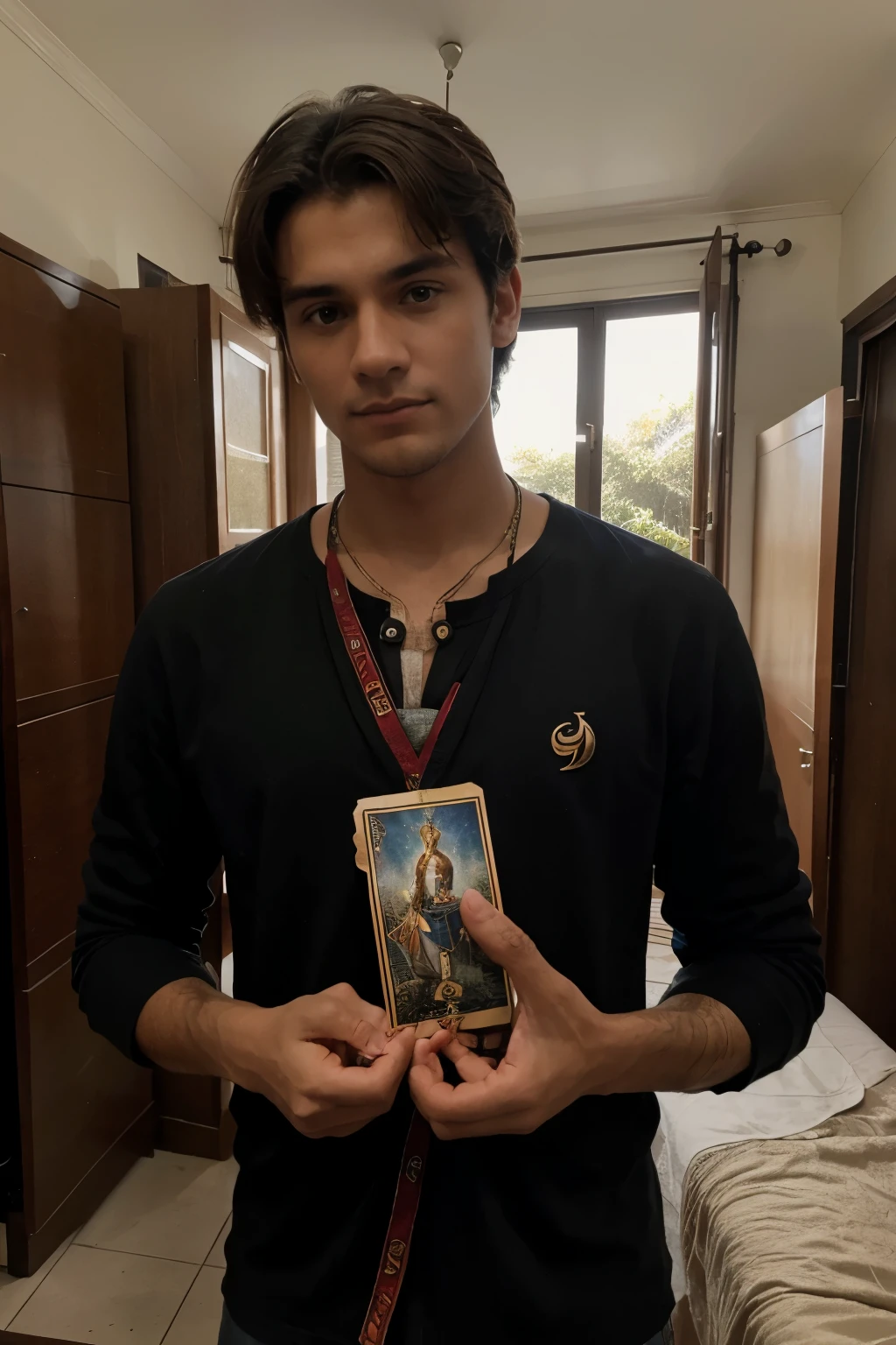 man holding 3 tarot cards in his hand, roupa de vidente, tom de pele clara, foto de perfil, jovem de 20 anos, em casa, mystical scenery