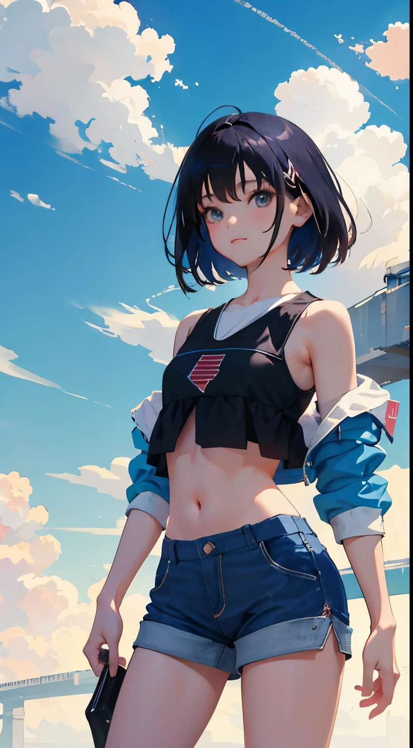 (short cute girl, young studeg delicate girl),(masterpiece,Top quality),Crop Top Look,No sleeve,Light blue shorts,Black Hair