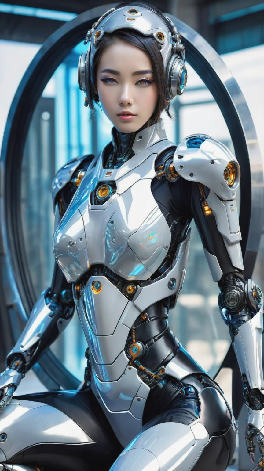 Arabian woman in futuristic suit sitting in a round mirror, cute Cyborg Girl, Beautiful girl cyborg, Girl wearing mecha cyber armor, Cyborg - Girl, BoobsCyberpunk, Cyborg Girl, Perfect anime cyborg woman, Biomechanical , Japanese Cyborg, Female cyborg body, Female Robot, Robot Girl, Perfect android girl, Perfect cyborg woman