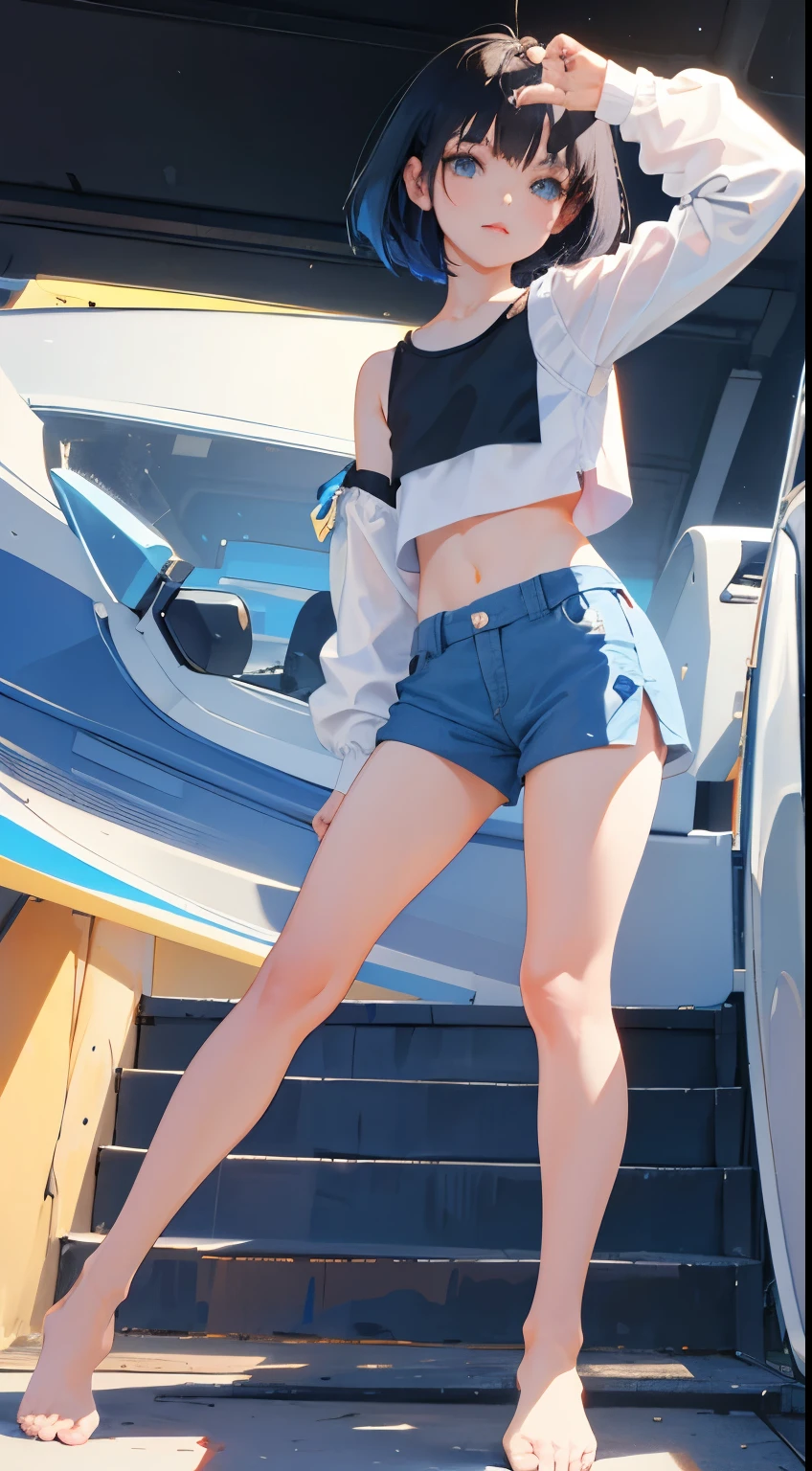 (short cute girl,small young student,young delicate girl),(masterpiece,Top quality),Crop Top Look,No sleeve,Light blue shorts,Black Hair