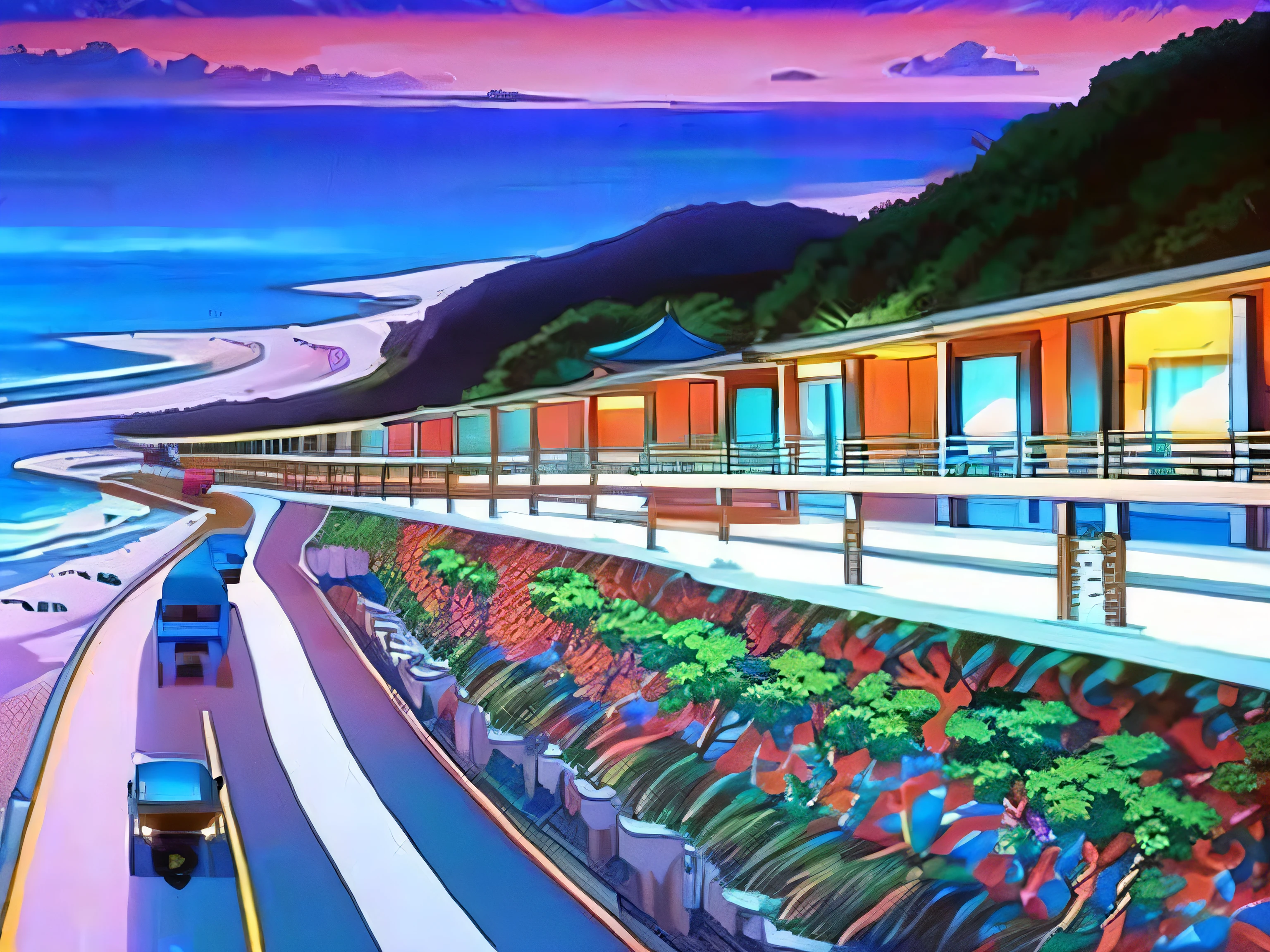 anime style, a road overlooking the beach, tatsuro yamashita style, 80's, citypop