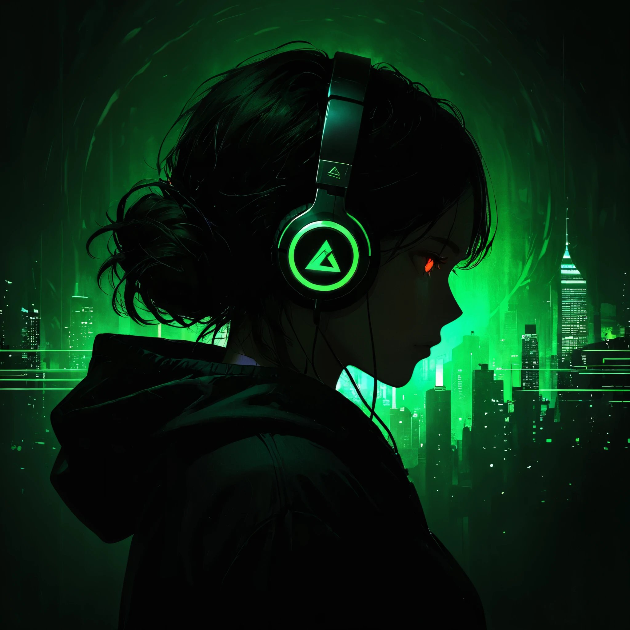1 girl, One, headphones, hoodie, silhouette, green theme, low saturation,silhouette,darkness,(Background with rich lines:1.8),abstract background, detail glowing red eyes, (look at the view:1.5), logo