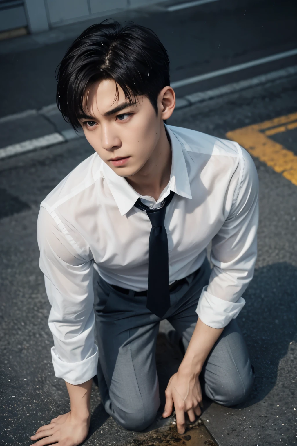 Super Realistic photography, Transparent see through white shirt, 17 yeas old boy,(1 young boy),A high resolution, Sharp focuasterpiece, ((Complicated details)), highly detailed, natsuki_subaru,Multi-view upper body,Suit pants view, 1 man,is shy,Pee on the legs,pissing,Urine runs down the thighs,embarressed,exhilarated,is shocked,panicking,worry,A small puddle of their own urine forms around the feet,full bodyesbian,kneels on the ground,Very eager to pee,It's uncomfortable,Wet yourself,Urine discharge, Sweaty crotch,Drenched,rain,The shirt is soaked,(A gesture of pleading),blue color eyes(eyes glowing), Short gray hair,white shirt,Wear a tie,Wear a belt,Black suit trousers,perspire,look from down