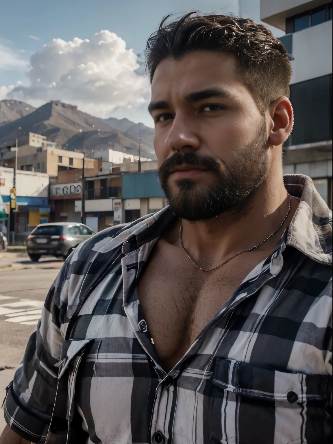 obra maestra, Mejor calidad, high resolution, Retrato de primer plano, (1 chico:1.4) A man in a lumberjack suit (cuadros blancos y negros), muscular, (con camisa: 1.2) enfoque masculino, enfocarse solo, piel bronceada, 38-year old man, muscular, fuerte, peludo, Masculino, (descamisado: 1.2), in the background a mountain of garbage, in a city with a lot of traffic and pollution, amazing composition, Vista frontal, HDR, volumetric lighting, (plano general, desde el frente:1.2) (GS-Macho :1.5) (magnificent landscape:1.2)