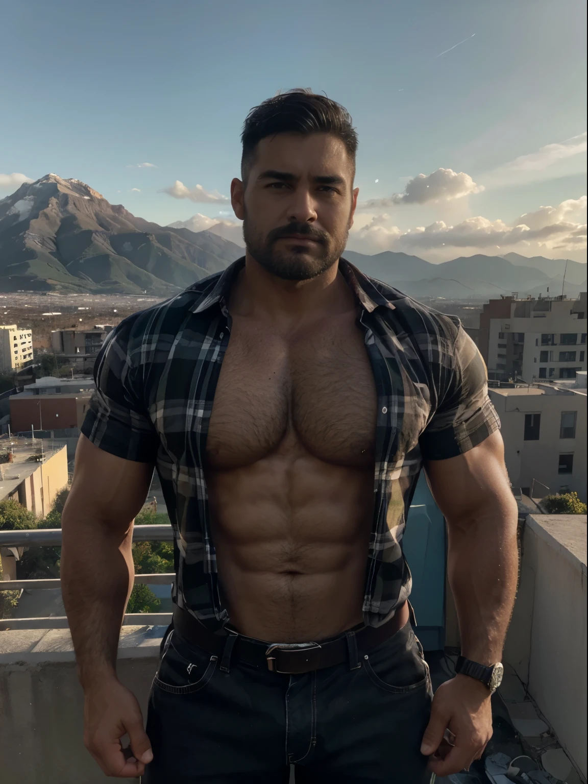 obra maestra, Mejor calidad, high resolution, Retrato de primer plano, (1 chico:1.4) A man in a lumberjack suit (cuadros blancos y negros), muscular, (con camisa: 1.2) enfoque masculino, enfocarse solo, piel bronceada, 38-year old man,  muscular, fuerte, peludo, Masculino, (descamisado: 1.2), in the background a mountain of garbage, in a city with a lot of traffic and pollution, amazing composition, Vista frontal, HDR, volumetric lighting, (plano general, desde el frente:1.2) (GS-Macho :1.5) (magnificent landscape:1.2), cuerpo completo, full body 