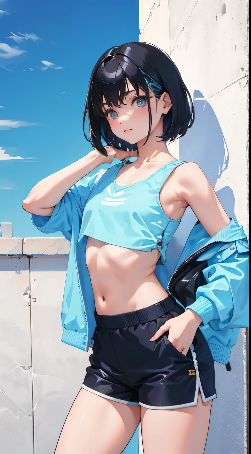 (short cute girl， young studeg delicate girl）,（masterpiece，Top quality)，Crop Top Look，No sleeve，Light blue shorts，Black Hair