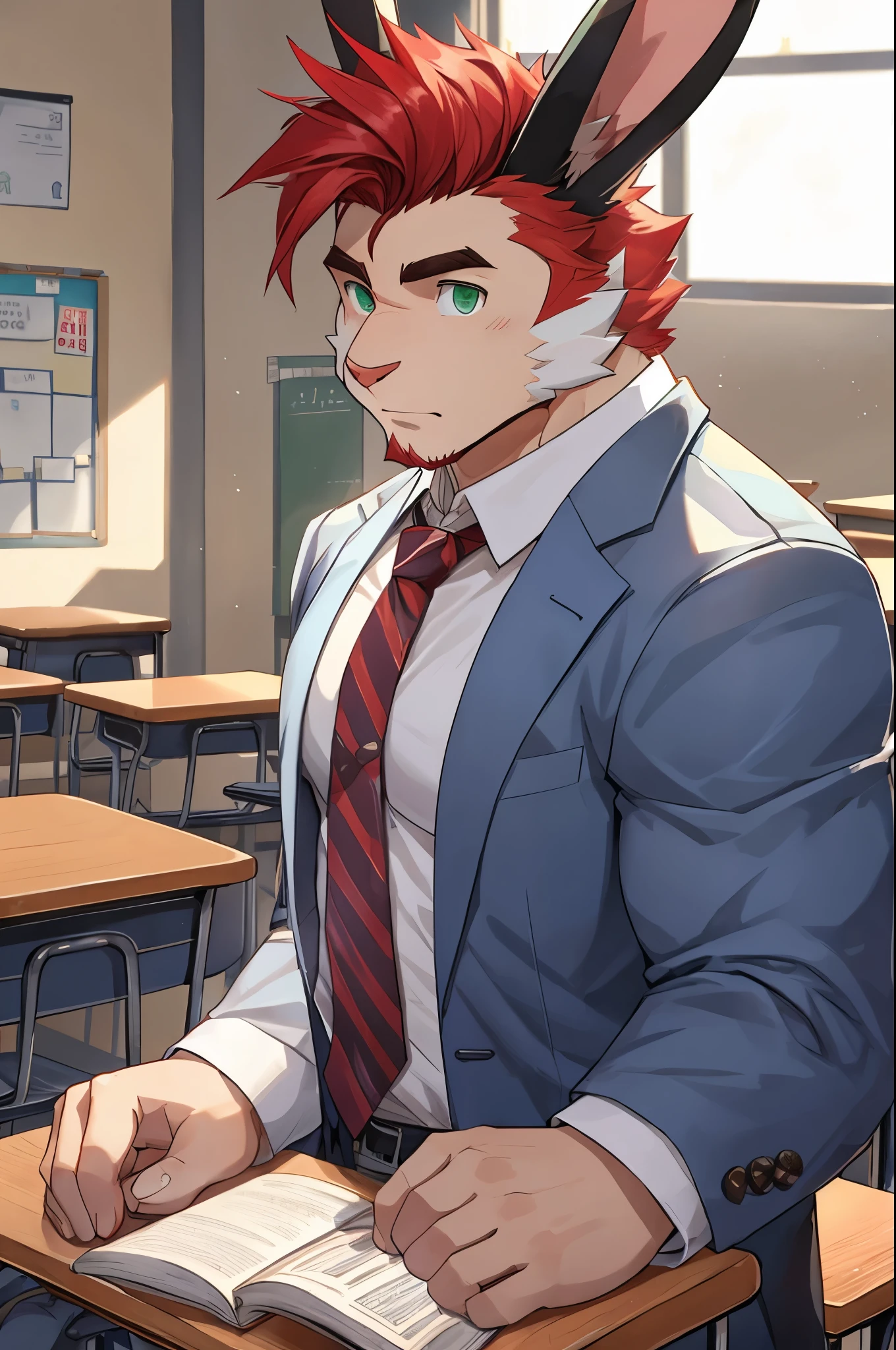 bara rabbit furry, short red hair, full pink skin, at school, big dick