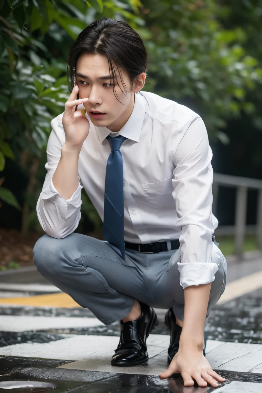 Super Realistic photography, Transparent see through white shirt, 17 yeas old boy,(1 young boy),A high resolution, Sharp focuasterpiece, ((Complicated details)), highly detailed, natsuki_subaru,Multi-view upper body,Suit pants view, 1 man,is shy,Pee on the legs,pissing,Urine runs down the thighs,embarressed,exhilarated,is shocked,panicking,worry,A small puddle of their own urine forms around the feet,full bodyesbian,kneels on the ground,Very eager to pee,It's uncomfortable,Wet yourself,Urine discharge, Sweaty crotch,Drenched,rain,The shirt is soaked,(A gesture of pleading),blue color eyes(eyes glowing), Short gray hair,white shirt,Wear a tie,Wear a belt,Black suit trousers,perspire,look from down