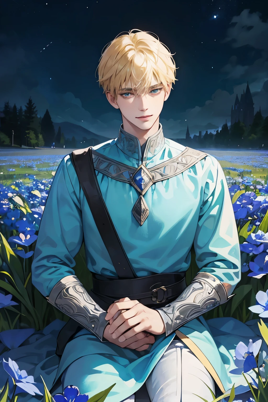 High quality masterpiece, super detailed, super emotion detailed,  nignt place among blue shining flowers, cold colours dramatic lighting, movie scene, anime style, perfect face, clean eyes, Middle Ages, clean emotions, full body! A young man with blonde hair, in green shirt, he is smiling with warm looking with love, looking at me, pale skin!!! kind, with gray eyes, He handed me a blue flower, short hair, he has warm smile, He is sitting on the grass. super quality, 4K, clean eyes, super quality ever! detailed emotions! night!, middle ages!