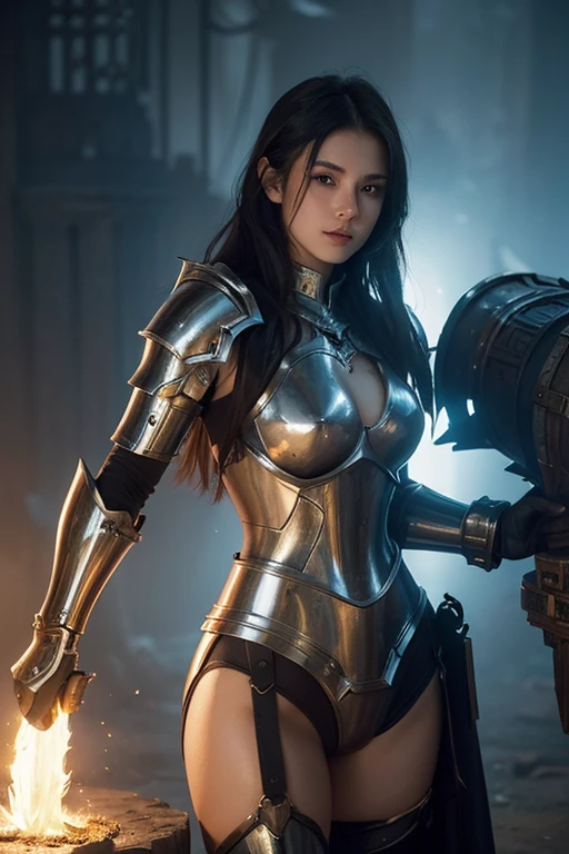masterpiece,best quality,high resolution,8k,(portrait photo:1.5),(R original photo),real picture,digital photography,(Combination of cyberpunk and fantasy style),(female soldier),20 year old girl,Random hairstyle,through bangs,(red eye breasts, Accessories,Keep your mouth shut,Elegant and charming,Serious and arrogant,Calm and handsome,(Cyberpunk combined with fantasy style clothing,hollow-carved design,joint armor,Fight to expose your belly button,photo poses,Realistic style,gray world background,oc render reflection texture,sentry