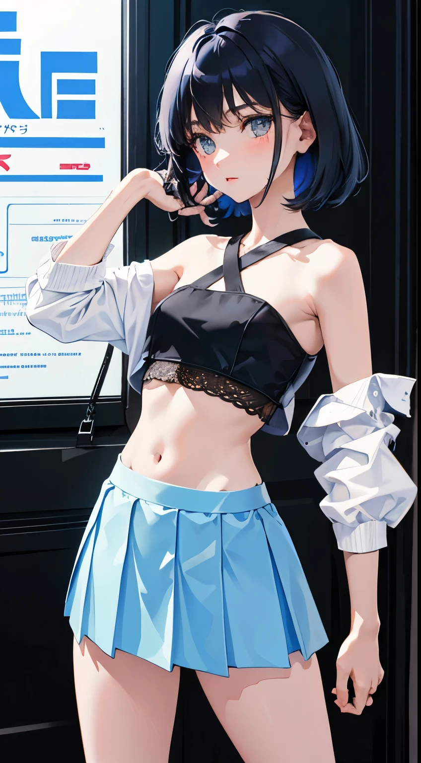 (short cute girl,small young student,young delicate girl),(masterpiece,Top quality),Crop Top Look,No sleeve,Light blue skirt,Black Hair