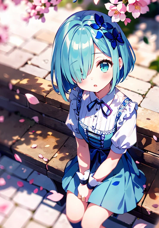 ((solo:1.2)),cute girl sitting on bench in garden,frilled dirndl,from above,looking up,cobblestone pavement,aqua hair,fine bob cut,(hair over one eye),(dappled sunlight:1.2),blurry,(depth of field:1.1),head tilt,:o,(petals),tree,butterfly