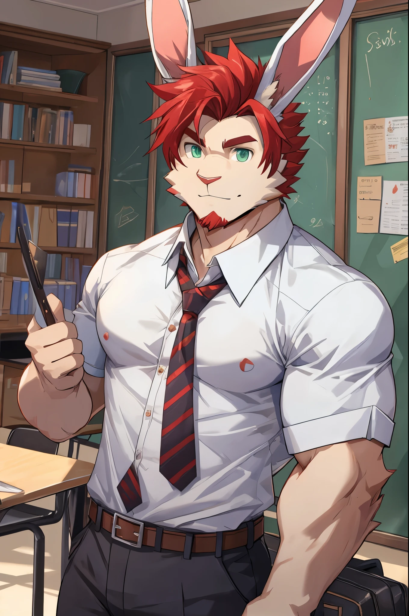 ((best quality)), ((masterpiece)), (detailed), perfect face, bara furry, rabbit man, big body, pink skin, short jackson wang red hair, yellow eyes, perfect eyes, long rabbit ears, handsome, at school, opened shirt, red underwear