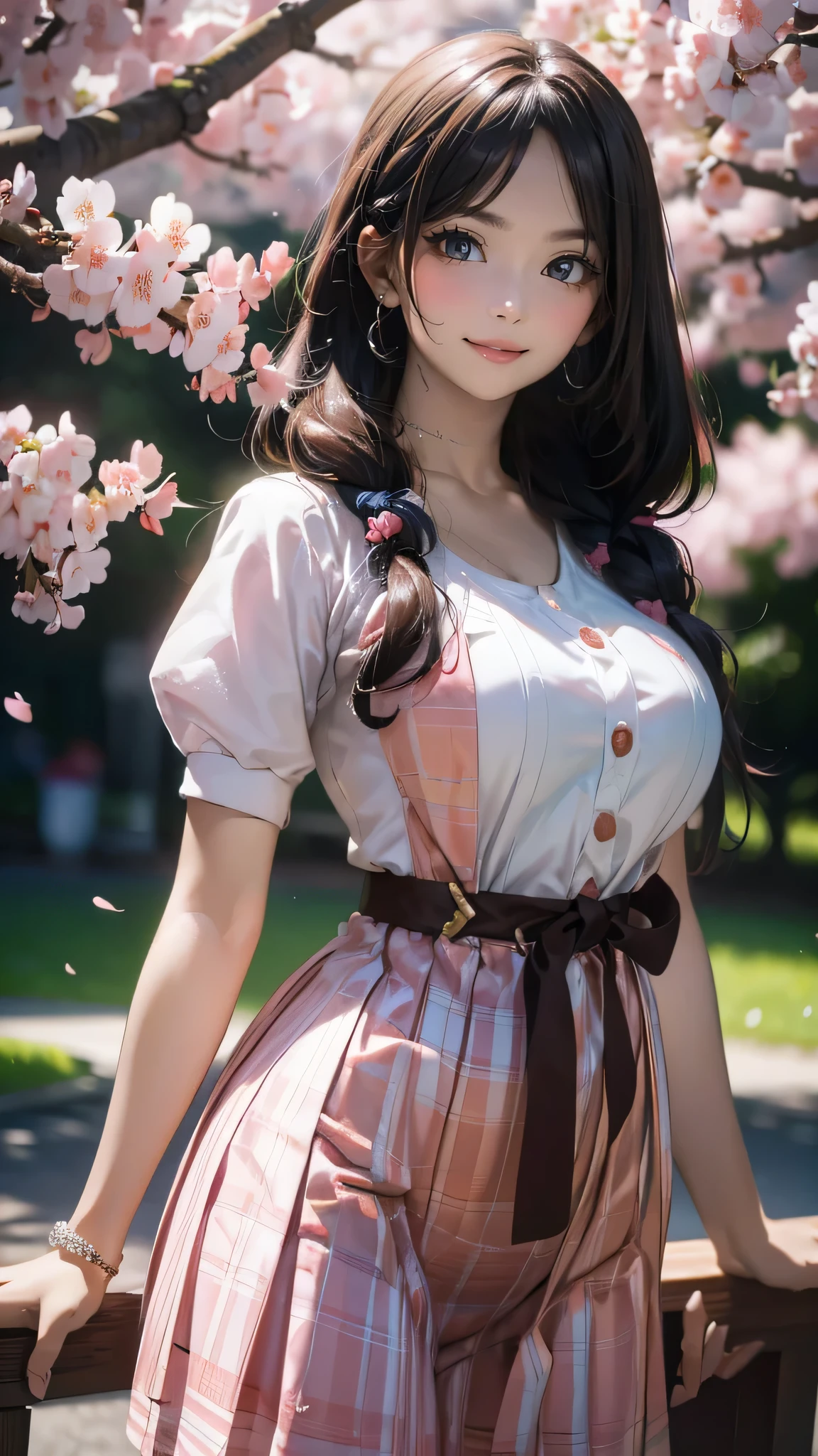 A park where cherry blossoms dance,high school girl,(random pose),(random hairstyle),(Highest image quality,(8K), Ultra-realistic, Best Quality, High quality, High Definition, high quality texture, high detailing, Beautiful detailed, fine detailed, extremely details CG, Detailed texture, realistic representation of face, masterpiece, presence)