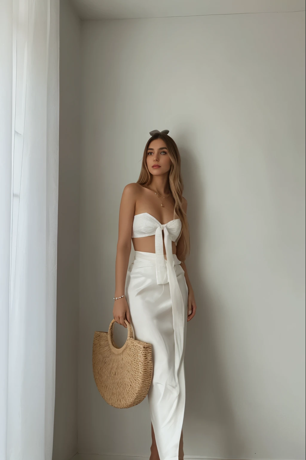 a woman standing in a black dress holding a straw bag, white outfit, white silky outfit, wearing white clothes, by Emma Andijewska, white clothes, wearing white silk, in white clothes, summer evening, white clothing, inspired by Esaias Boursse, look, inspo, white skirt and barechest, medium, white sarong, dressed in white