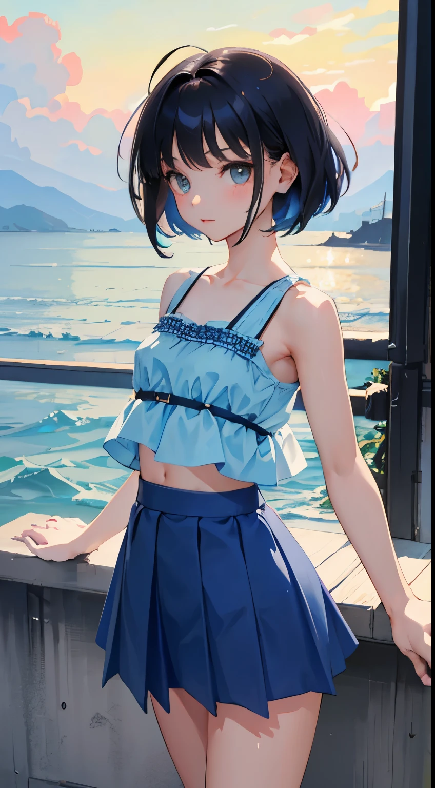 (short cute girl， young studeg delicate girl）,（masterpiece，Top quality)，Crop Top Look，Tank top，Light blue skirt，Black Hair，Seaside