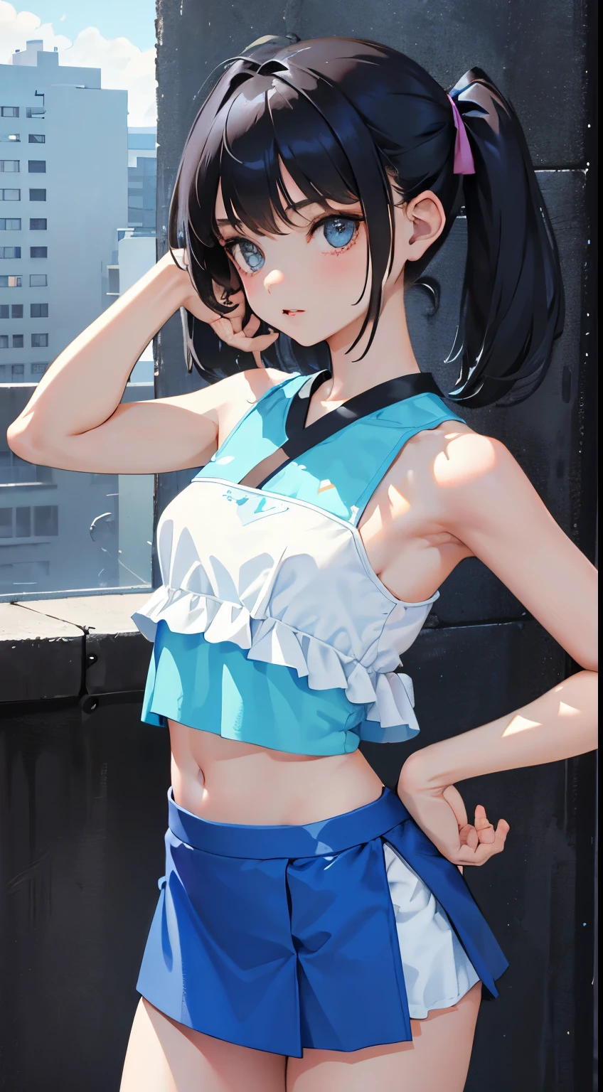 (Hyper Quality), [Standing, Upper Body, Close-up of Girl:0.6], Slim Body, Perfect Body, Mini Skirt, High Neck Sports Bra, Gradient Background, Anime Character, (Cute Girl:1.1), Sexy, Holy Light