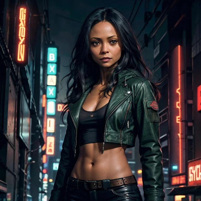 Thandie Newton, Beautiful girl small breasts, wearing rugged jacket, long hair, machine arms in cyberpunk night scene, cyberpunk red green backdrop