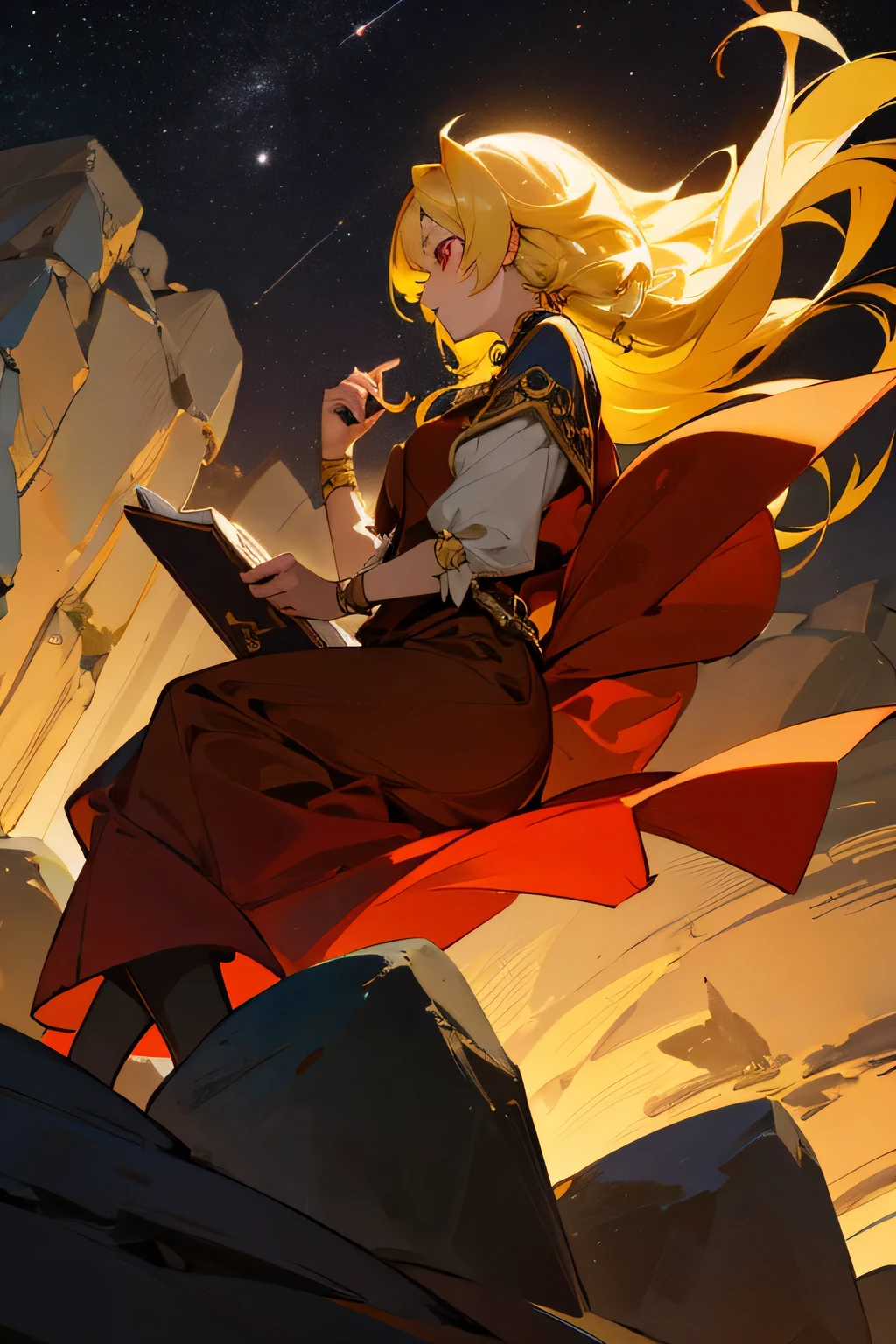 A beautiful anime girl, bard, on a background of rocks looks at the night sky, yellow hair, red eyes, medieval aristocrat's dress