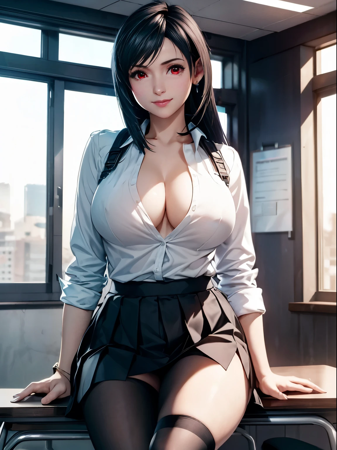 (Masterpiece), (top quality), natural lights, ,(realistic:1.5), Tifa Lockhart in a , white blouse, pleated skirt, tight stockings up to the middle of the leg, cleavage, red eyes, smiling, sexy pose, looking at viewer, eye contact, detailed empty classroom in background, seductive_pose, sit on a desk, big breasts, big hips, high saturation, precise hands, bright eyes, ultra-definition, superior resolution, soft lightning