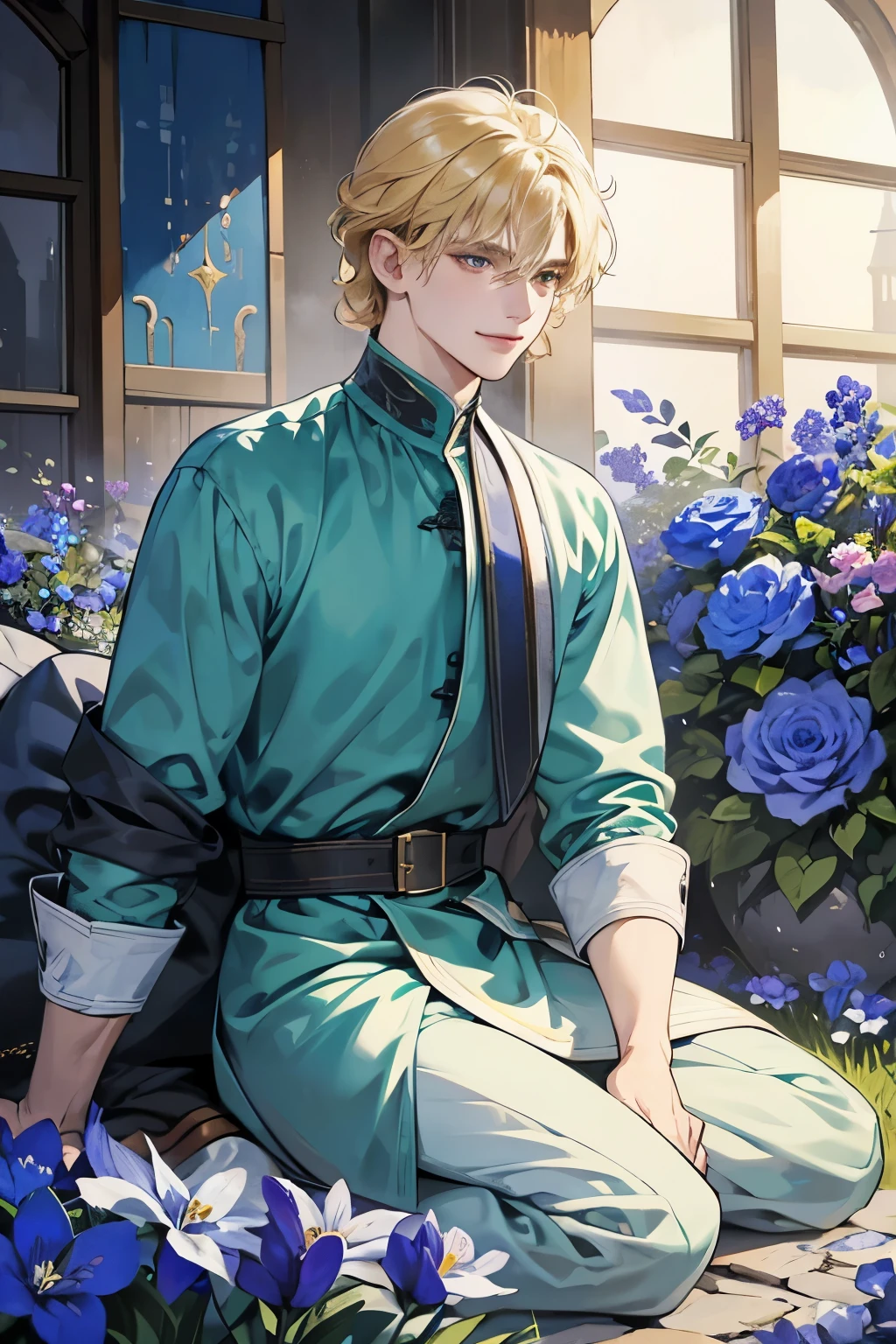 High quality masterpiece, super detailed, super emotion detailed, nignt place among blue shining flowers, cold colours dramatic lighting, movie scene, anime style, perfect face, clean eyes, Middle Ages, clean emotions, full body! A young man with blonde hair, in green shirt, he is smiling with warm looking with love, looking at me, pale skin!!! kind, with gray eyes, He handed me a blue flower, short hair, he has warm smile, He is sitting on the grass. super quality, 4K, clean eyes, super quality ever! detailed emotions! night!, middle ages! wavy hair till cheeks!