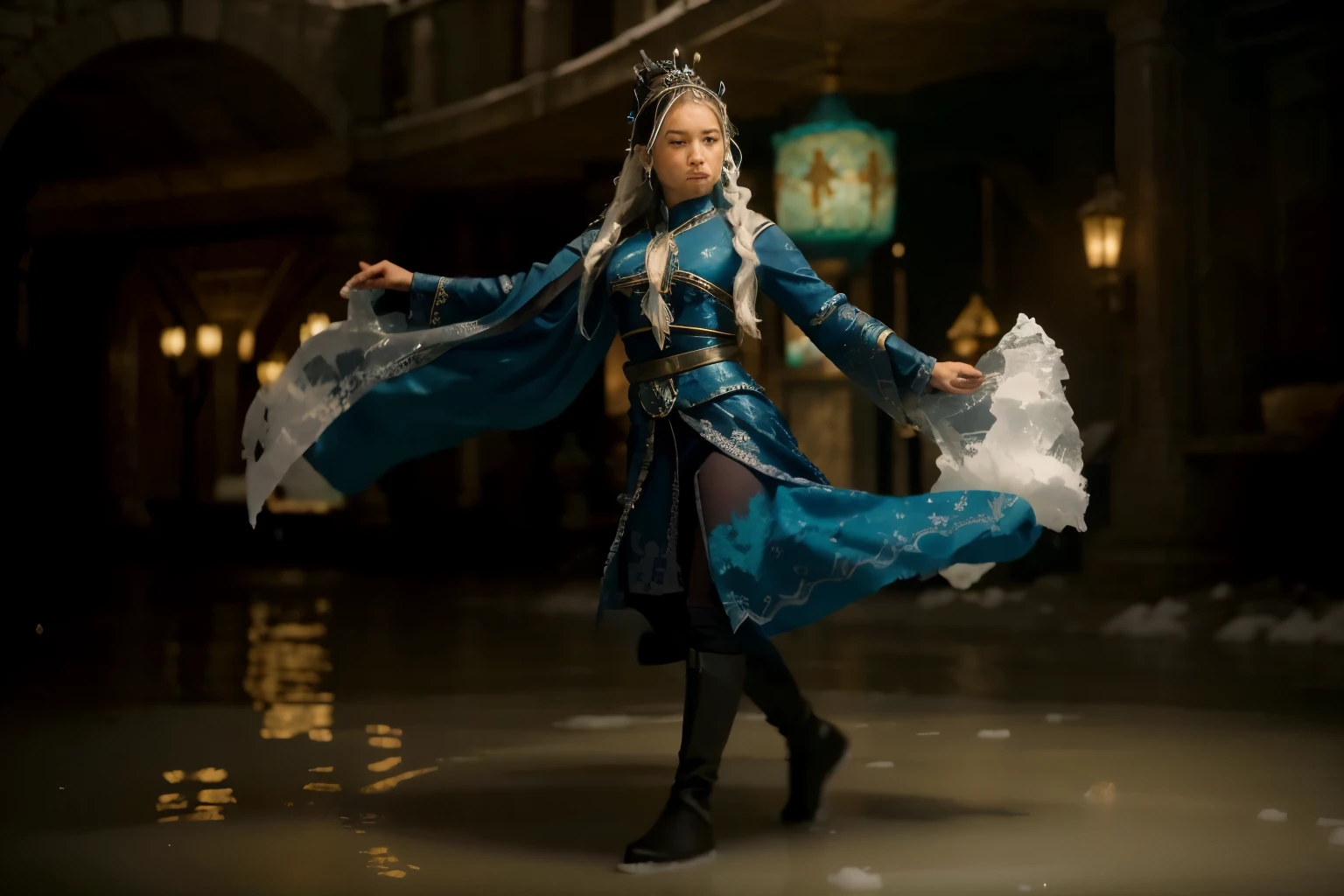 (Best quality, 8k, 32k, Masterpiece, UHD:1.2) Transform the image into the majestic Kingdom of the Northern Water Tribe from Avatar: The Last Airbender. Envision a sprawling city made of ice and snow, with towering palaces and intricate ice sculptures adorning the streets. Glowing lanterns cast a soft light over the frozen landscape, while the sound of flowing water echoes through the city's canals. In the center of it all stands the magnificent Northern Water Tribe palace, its shimmering spires reaching towards the sky. Beneath the icy surface, powerful waterbenders practice their craft, bending water into intricate patterns and shapes. The air is filled with a sense of magic and wonder, as visitors from across the world marvel at the beauty and power of the Water Tribe's home.