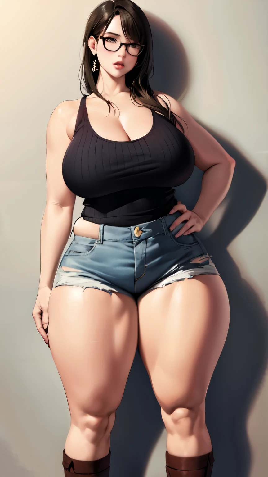 huge breasts, big hips, Tank top, denim shorts, full body shot, Mature mother, Whipping the lower body, plump thighs, calf, bewitching mature woman, perfect body, plus size model,