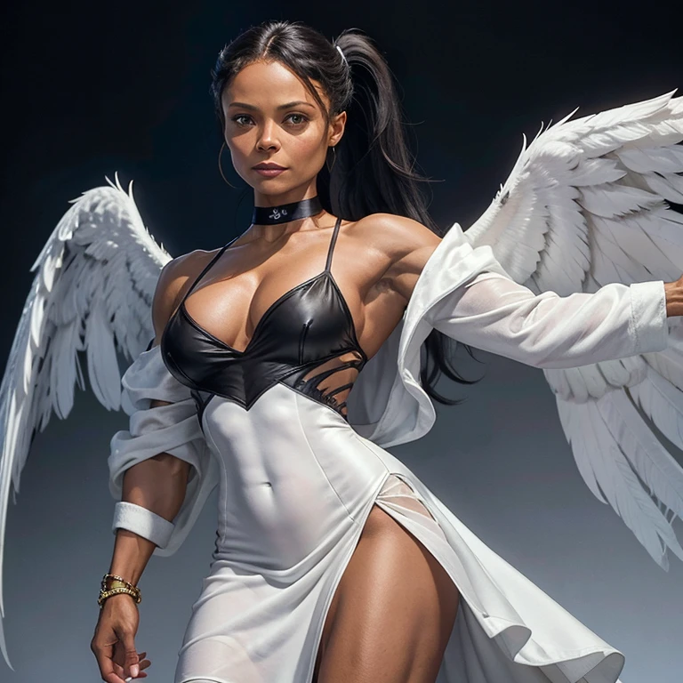 IFBB female bodybuilder Thandie Newton with bodybuilder veins, cowboy shot, (black wings:1.2), very long hair, side ponytail, choker, holding, off shoulder, (white dress:1.3), white jacket,halo,