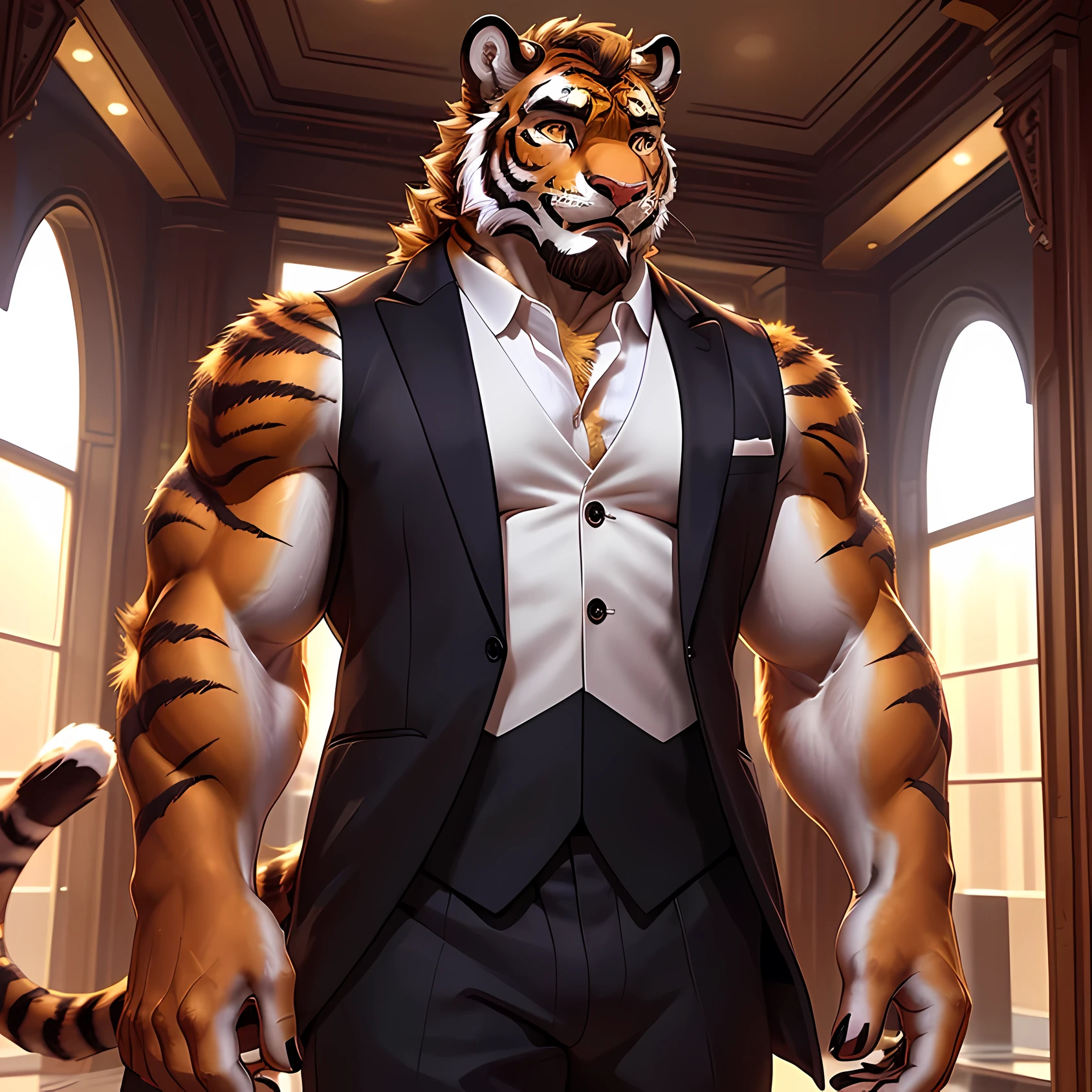 Orange fur, Perfect golden eyes, beard, Tiger, furry, anthro, Handsome face, handsome eyes, hairy pecs, strong arms, gorgeous facial features, beautiful and delicate eyes, complex fur, detailed face, perfect skin texture, extreme details, suit, single male, full body photo, slim but muscular, athlectic build