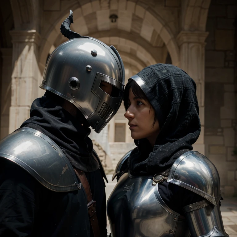 Knight in armor and helmet with a hooded rogue looking at each other, estilo de imagen de dragones y mazmorras