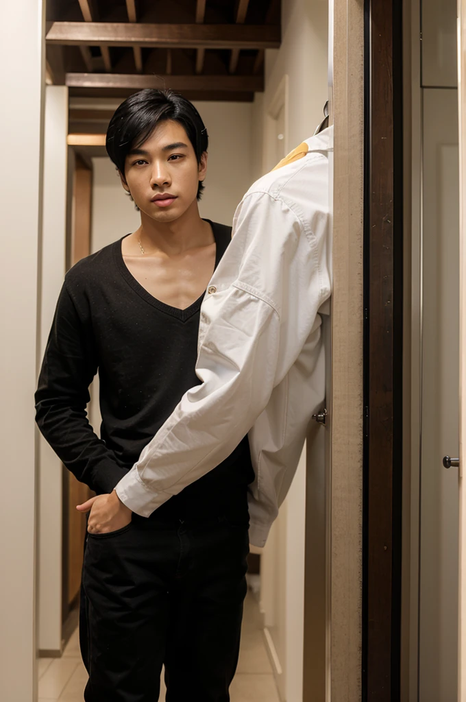Young boy Black hair Light skin Asian features Tall