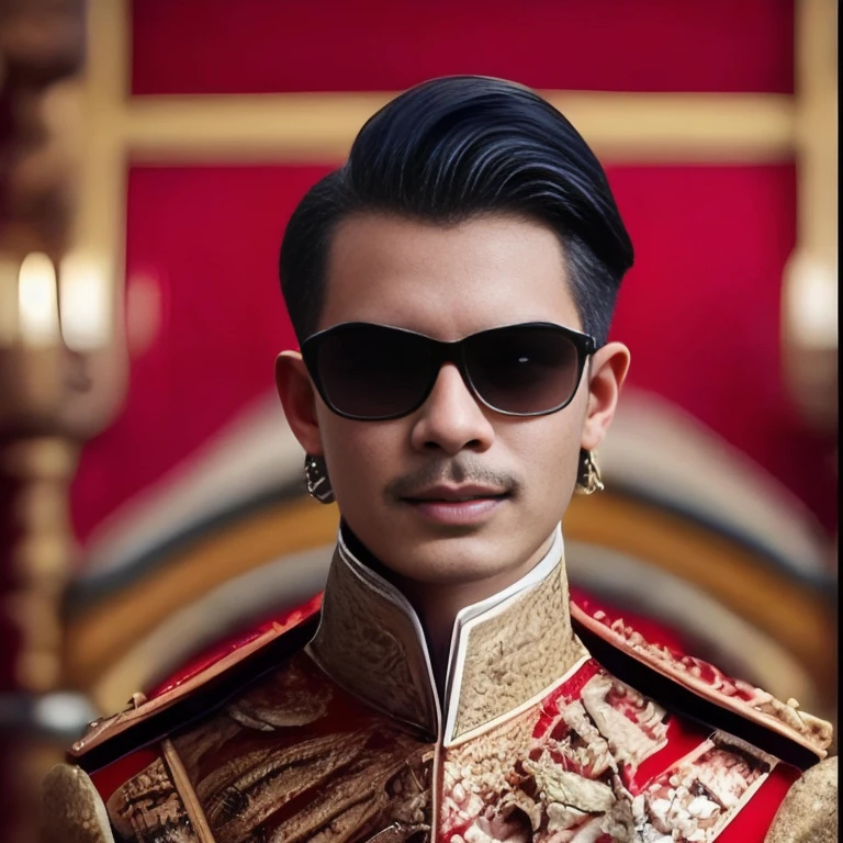 Araffe was dressed in a red and gold uniform and sunglasses., Order of Akira, beautiful androgynous prince, handsome prince, According to the style of paying homage to the family, royal portrait, Pompadour, A great and beautiful portrait., emperor, Godfather Khan, Inspired by Prince Hoare, Imperial and elegant hair style, Elegant and classic look, high quality vertical