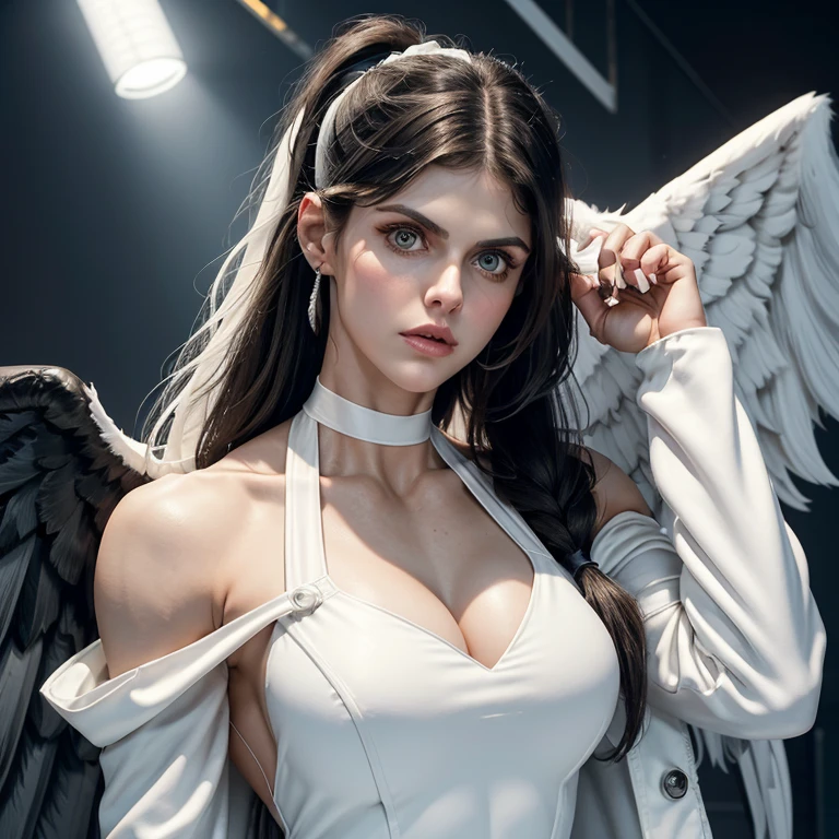 IFBB female bodybuilder Alexandra Daddario with bodybuilder veins, cowboy shot, (black wings:1.2), very long hair, side ponytail, choker, holding, off shoulder, (white dress:1.3), white jacket,halo,